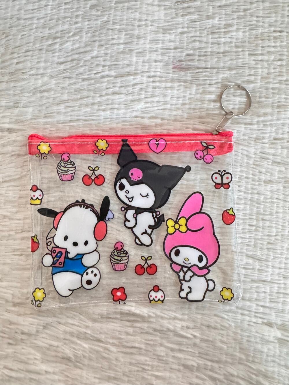 Sanrio My Melody Pochacco Kuromi cherries clear pouch pink zipper and keychain
